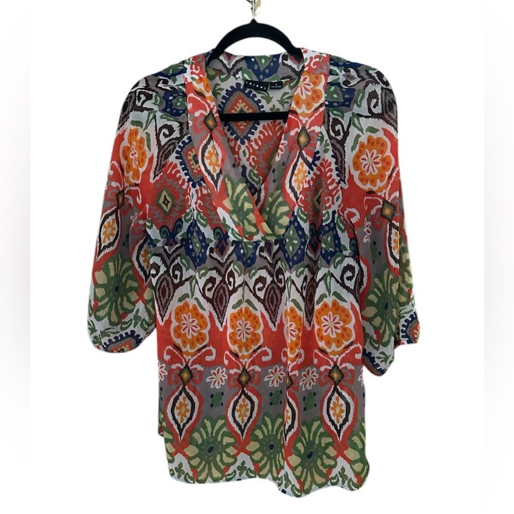 Tribal Blouse Women's Sheer 3/4 Sleeved Top Boho Cottage Beach Gypsy. Size 8